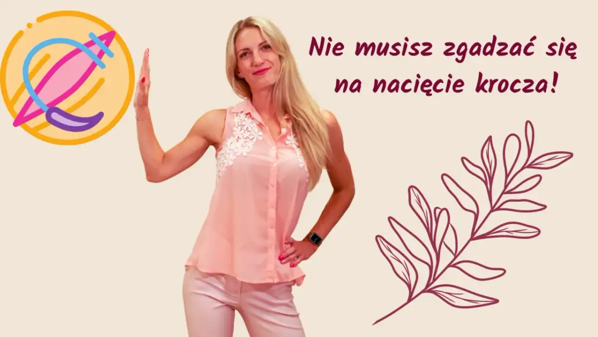 Kobieta w różowej bluzce i spodniach, z symbolem na kółku, mówi: "Nie musisz zgadzać się na nacięcie krocza!".