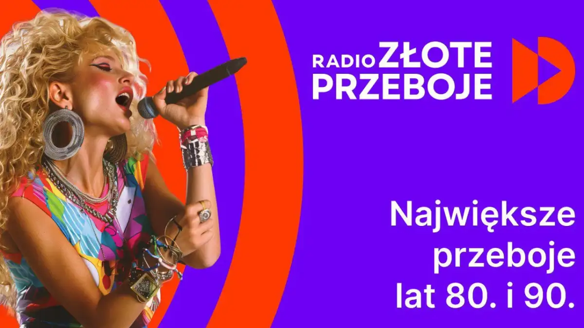 Kobieta z burzą blond włosów śpiewa do mikrofonu, ubrana w kolorowy strój i biżuterię w stylu lat 80. Logo "Radio Złote Przeboje" i napis "Największe przeboje lat 80. i 90." podkreślają klimat.