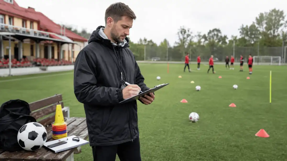 Trener notuje na tablicy podczas treningu piłkarskiego. Zastanawia się nad strategią, jakby analizował uefa pro cena.