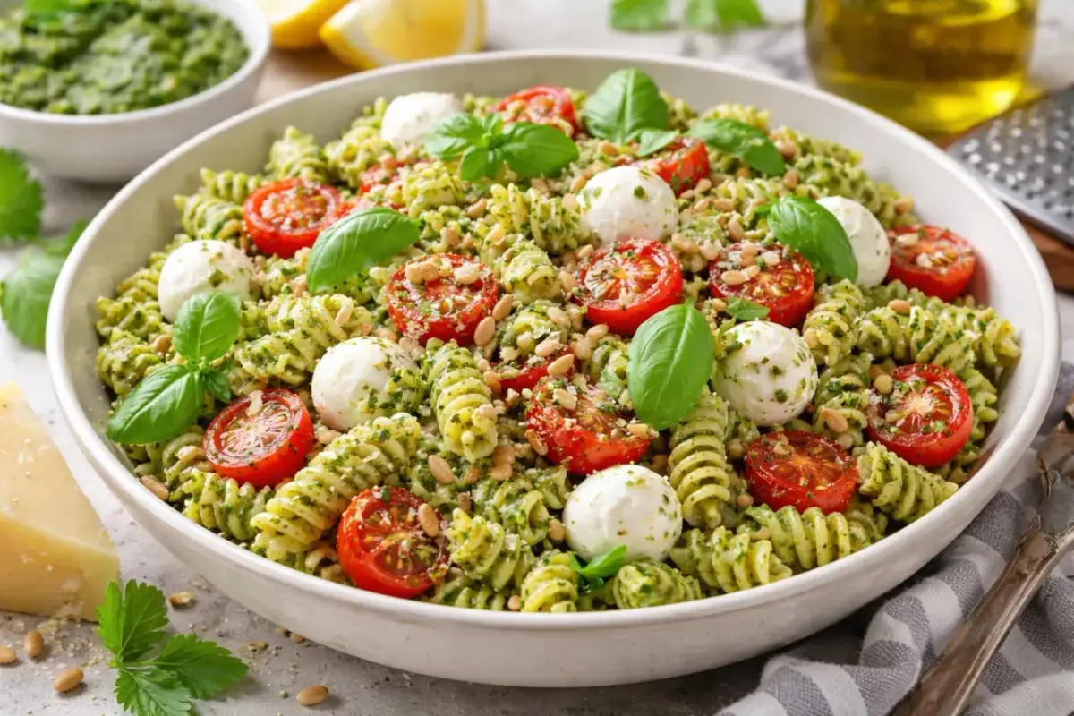 Ensalada de pasta con pesto, tomates cherry, mozzarella y piñones.