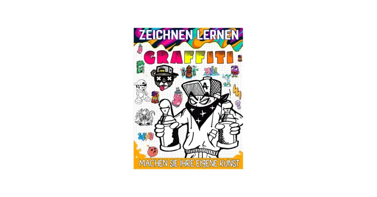 Bunte Graffiti-Illustrationen mit einer zentralen Figur, die Sprühdosen hält.