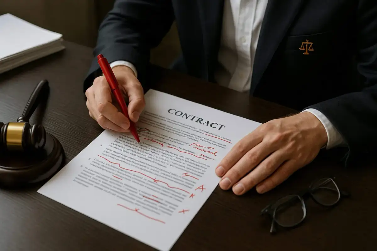 Prawnik w garniturze pisze czerwonym długopisem po dokumencie "CONTRACT". Obok młotek sędziowski i okulary.