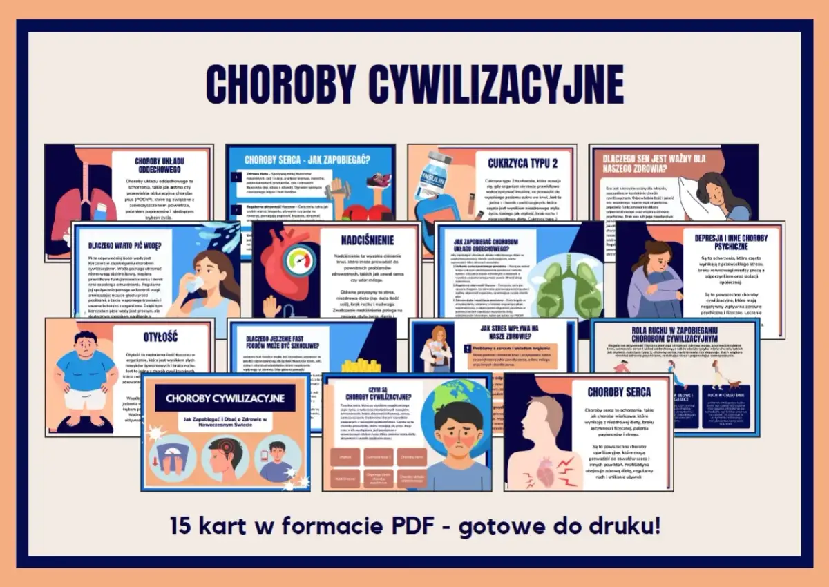 Plakat informuje o chorobach cywilizacyjnych, ich przyczynach i zapobieganiu. Ilustracje przedstawiają m.in. serce, płuca, osobę z nadwagą i zestresowaną.