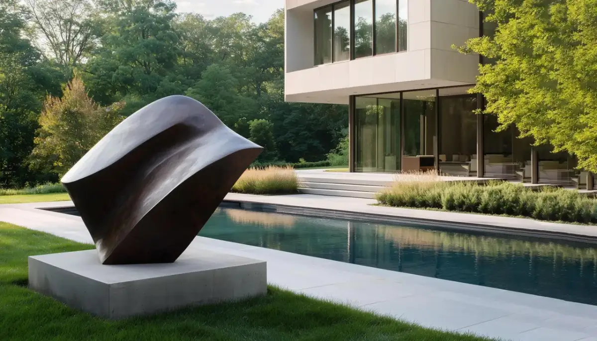 Abstrakte dunkle Skulptur auf Betonpodest neben Pool und modernem Haus.