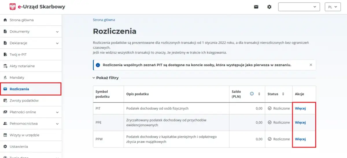 Widok rozliczeń podatkowych w e-Urzędzie Skarbowym. Można tu sprawdzić zaliczki na podatek dochodowy PIT, PPE, PPW.