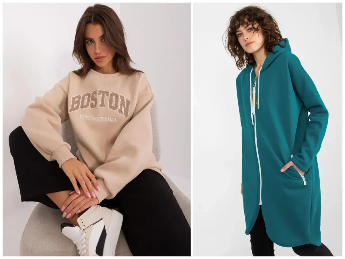 Dwie modne bluzy: beżowa z napisem "Boston" i długa, rozpinana w kolorze turkusowym. Idealne na co dzień.