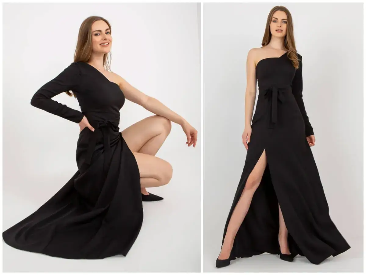 Elegancka, czarna sukienka wieczorowa z jednym rękawem i rozcięciem na nodze. Oryginalne sukienki wieczorowe dla każdej kobiety.