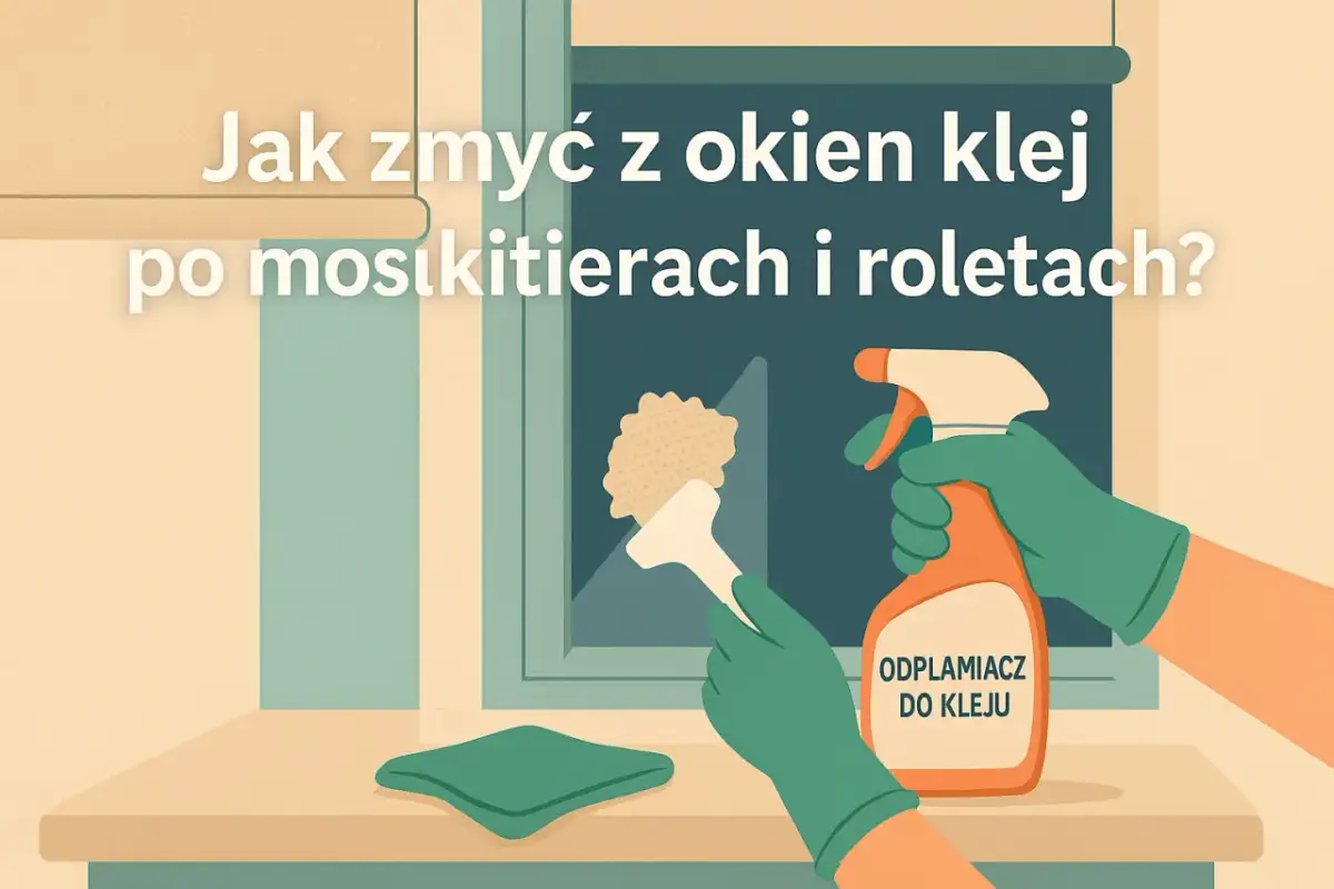 Rękawiczki i preparat "Odplamiacz do kleju" pomogą Ci dowiedzieć się, czym zmyć klej z szyby po moskitierach i roletach.
