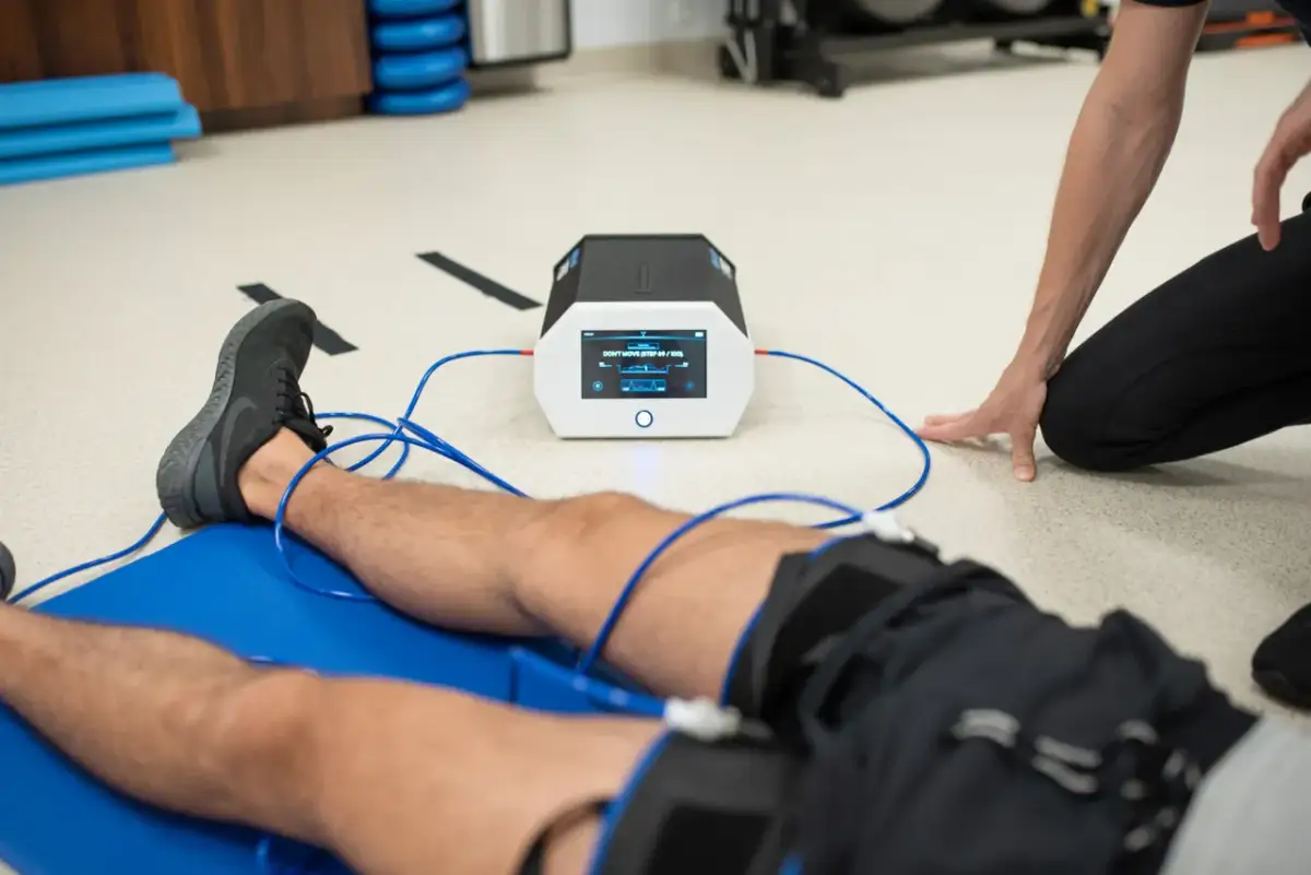 Pacjent leży na macie, podłączony do urządzenia emitującego prądy na kolano. Terapeuta czuwa nad przebiegiem rehabilitacji.