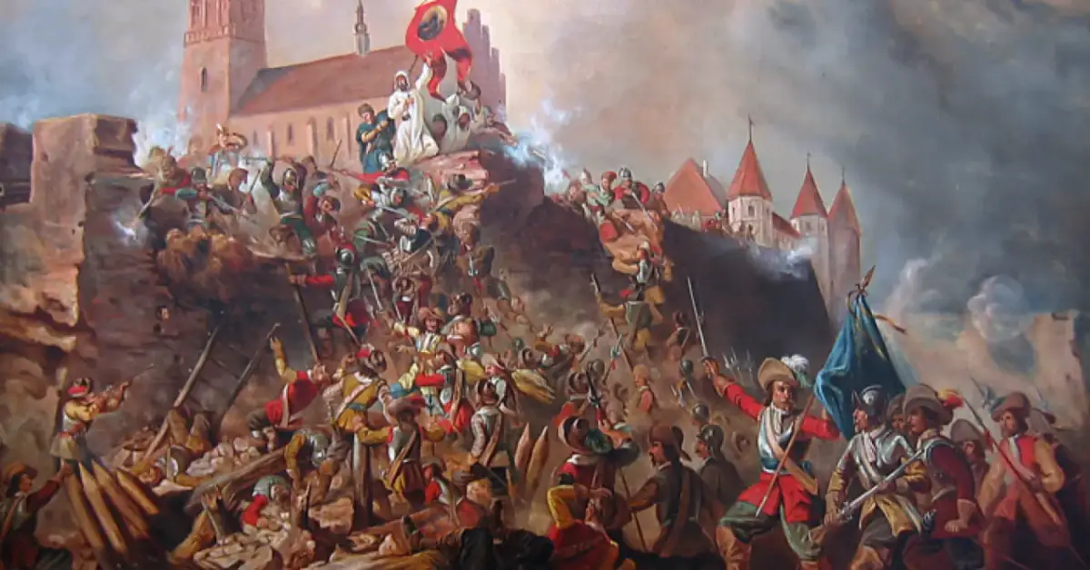 Obraz przedstawia bitwę o zamek, gdzie żołnierze w historycznych strojach walczą o mury. Scena oddaje dynamikę potopu wydarzeń historycznych.