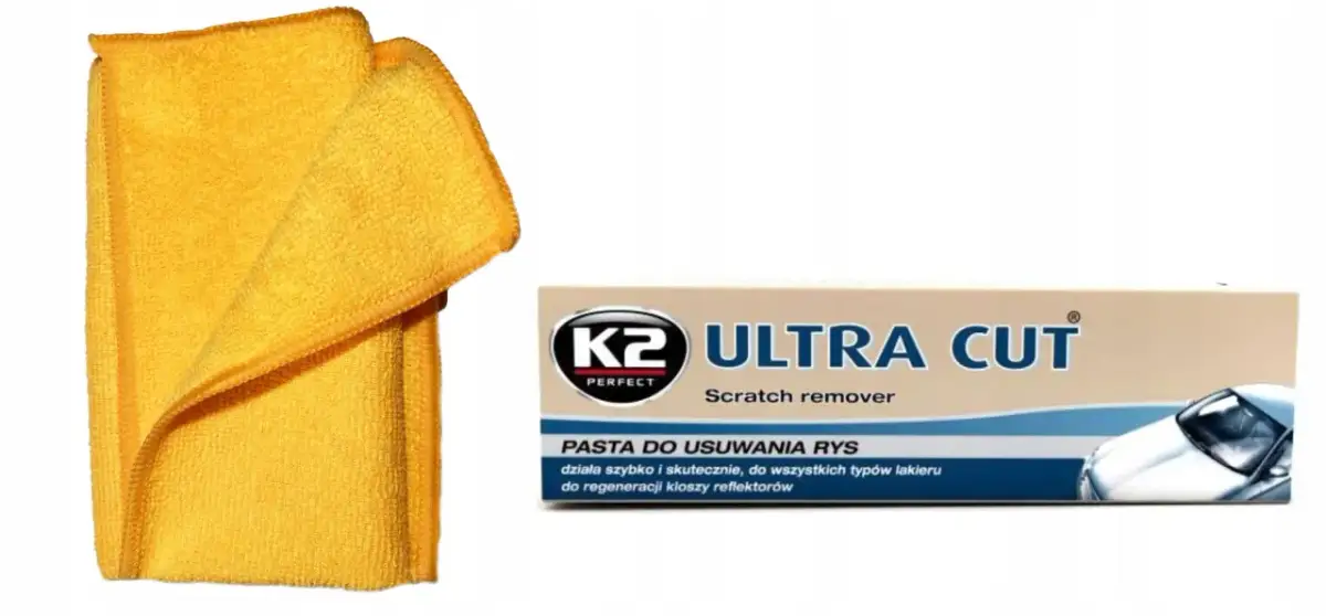 Żółta mikrofibra i pasta K2 Ultra Cut do usuwania rys z lakieru samochodowego.