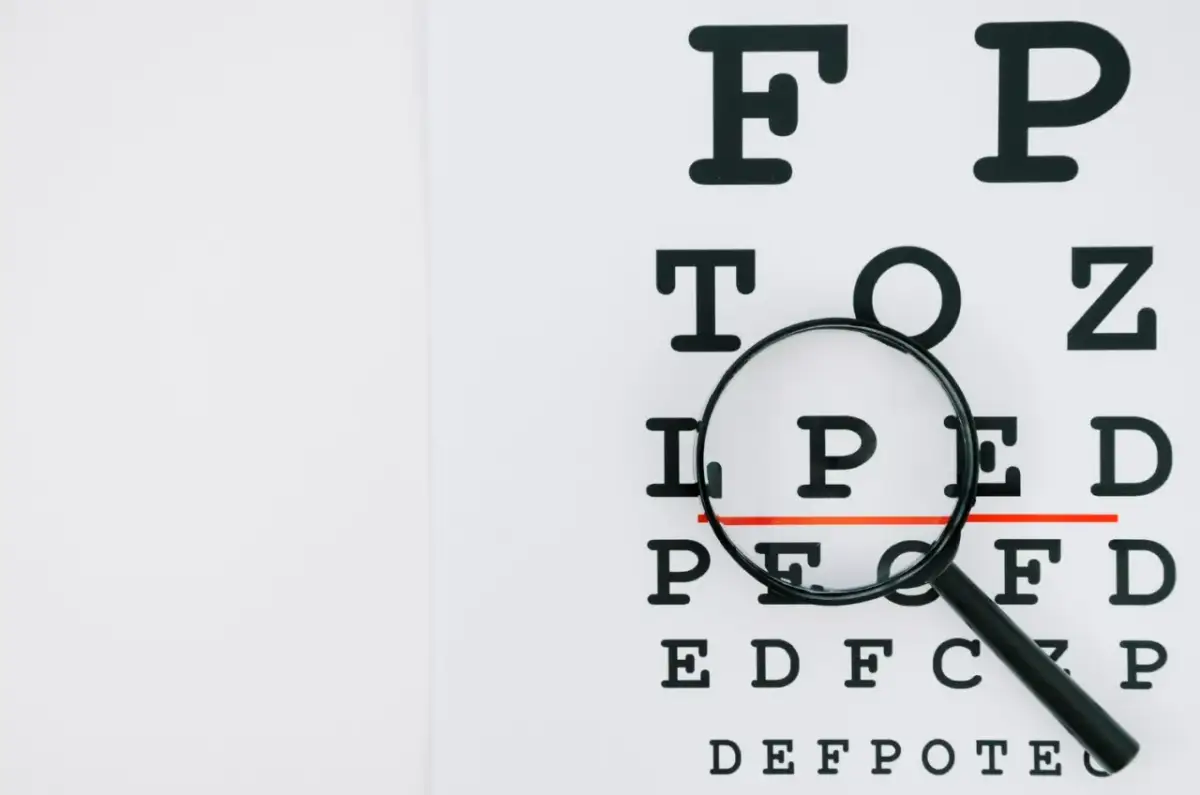 Tablica optometryczna z lupą, która powiększa literę "P". Może to symbolizować problemy ze wzrokiem, jak astygmatyzm nabyty.