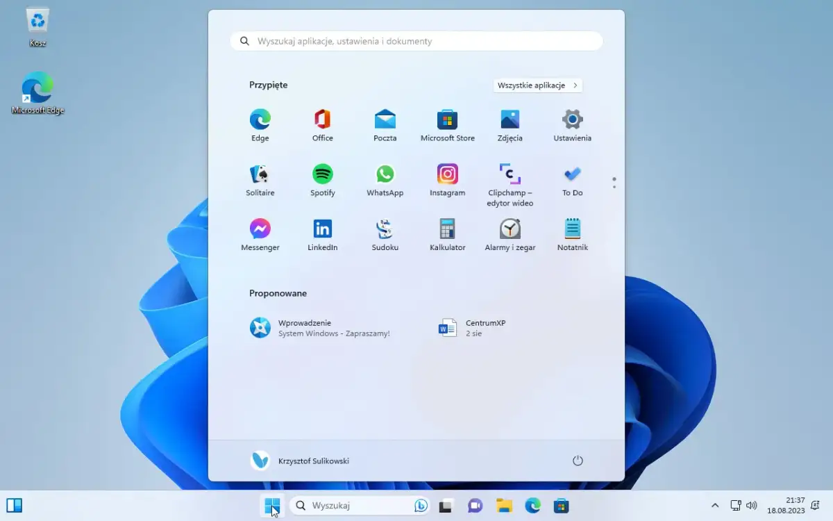 Menu Start Windows 11 z ikoną Messengera. Tu znajdziesz instrukcję, jak ustawić Messengera w telefonie.
