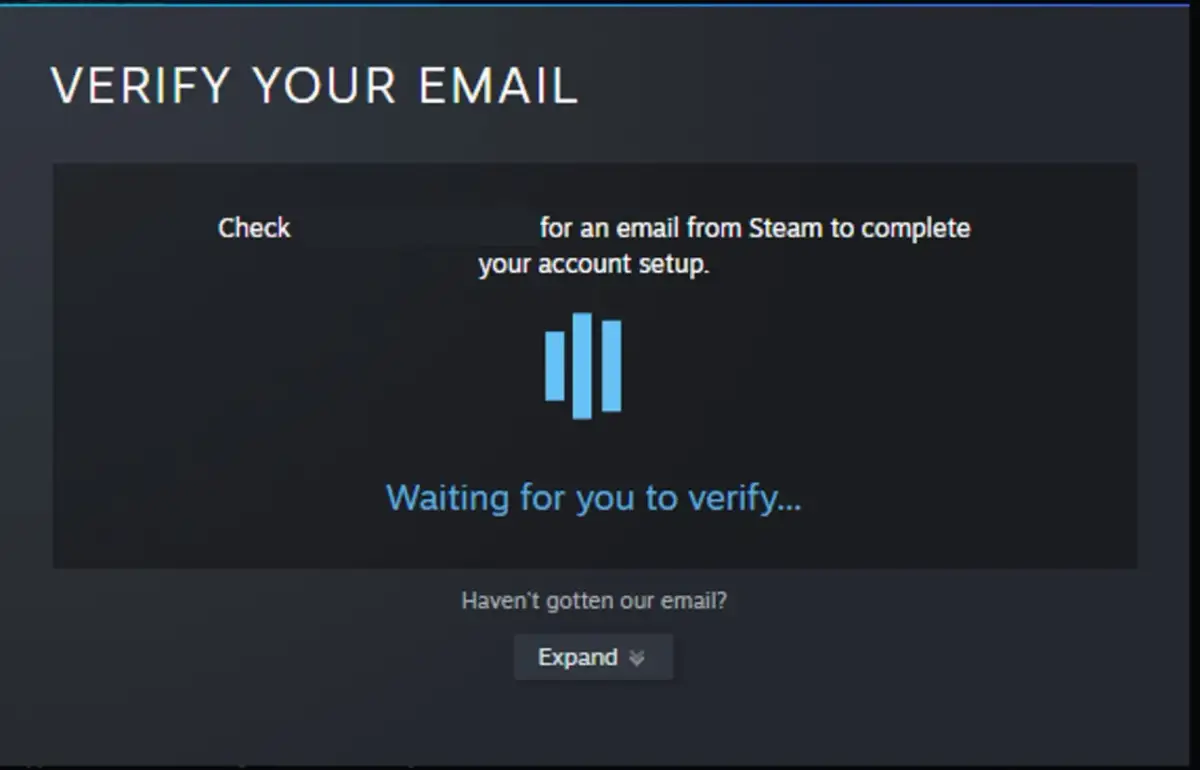 Ekran weryfikacji adresu email na Steam.