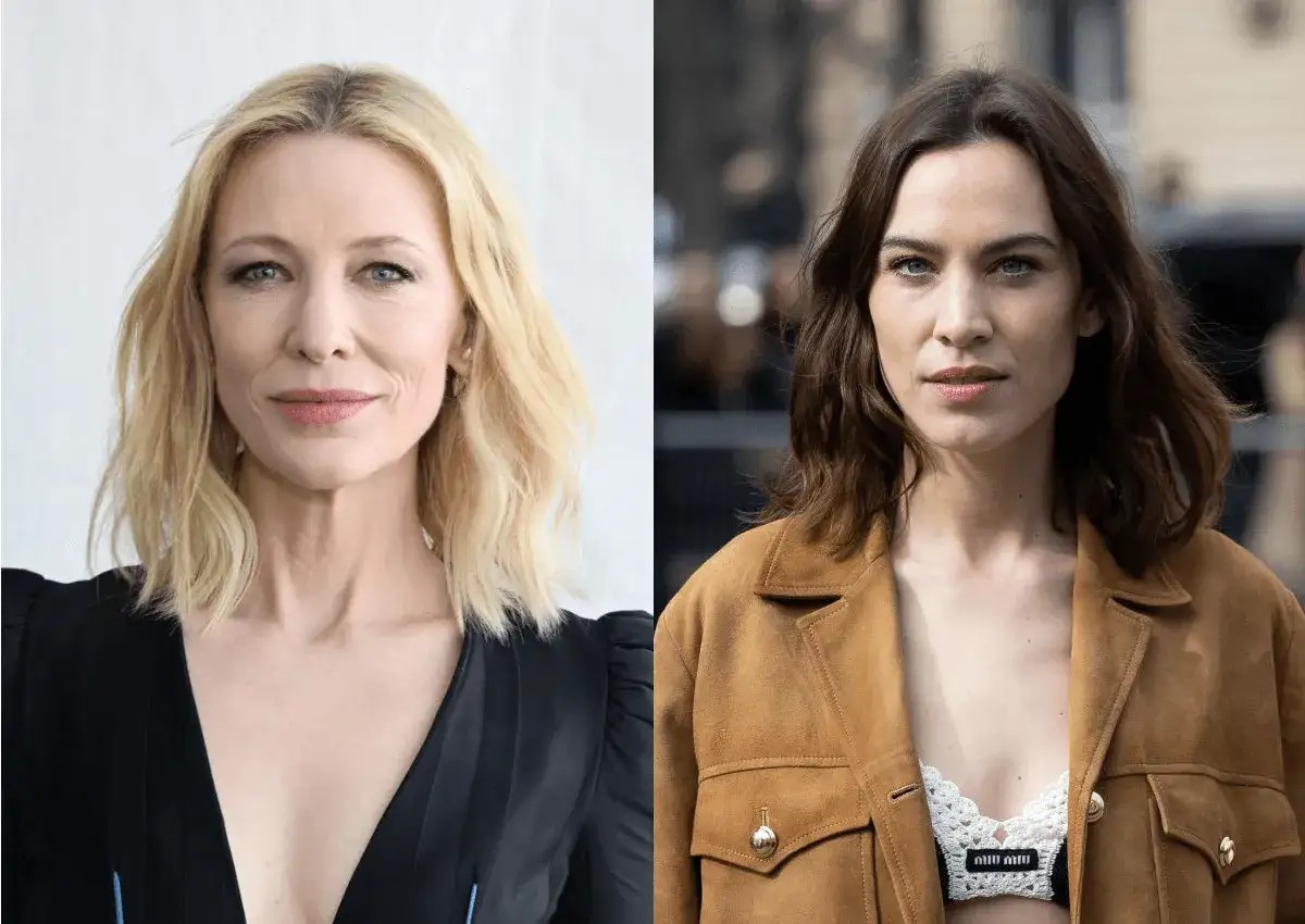 Cate Blanchett z blond włosami do ramion cieniowanymi z przodu i Alexa Chung w brązowej kurtce.