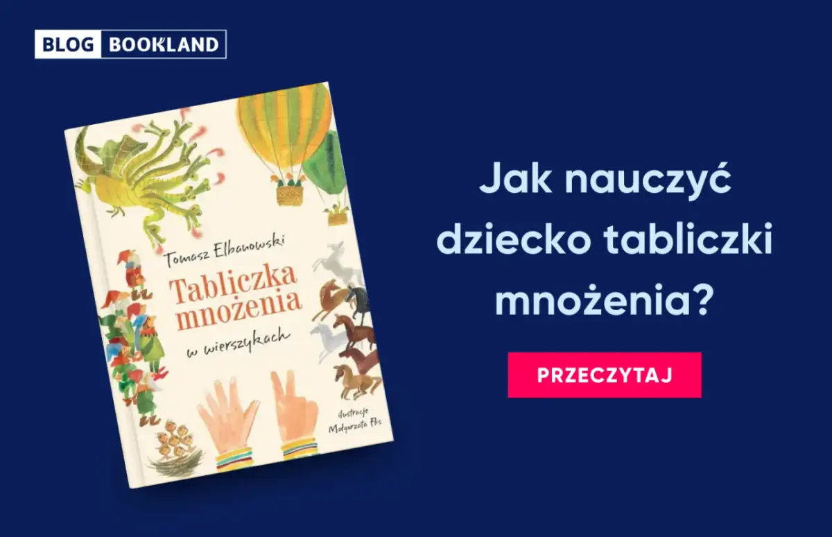 Okładka książki "Tabliczka mnożenia w wierszykach" z ilustracją smoka, balonów i koni.