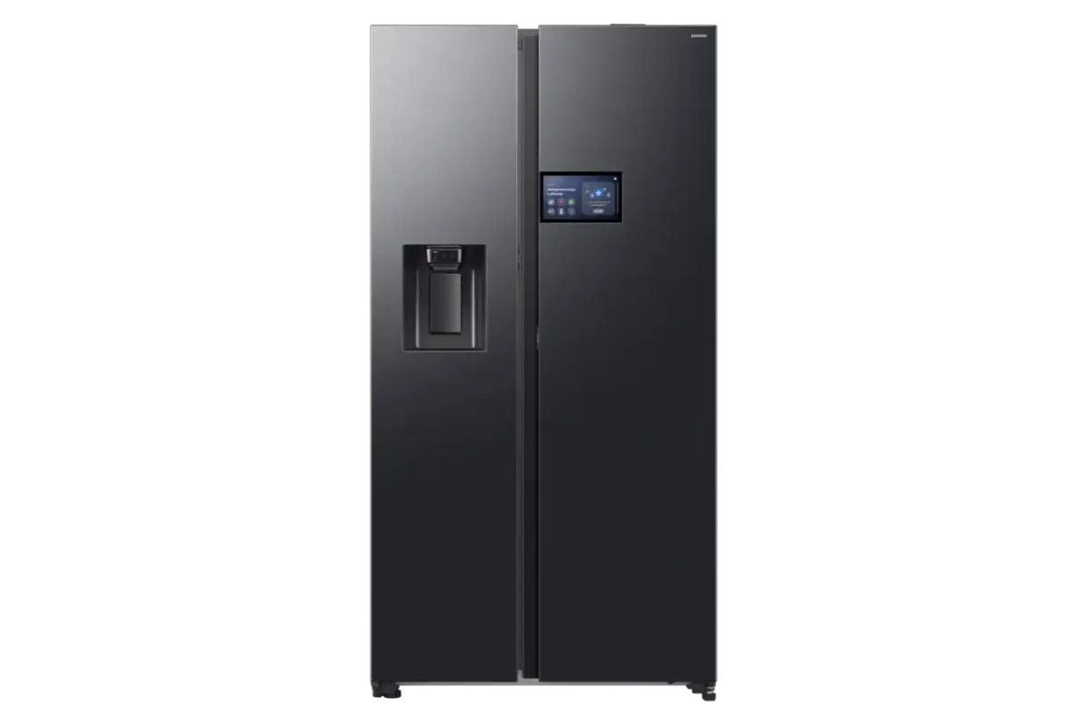 Czarny, dwudrzwiowy Samsung z ekranem dotykowym. Zastanawiasz się, ile waży duża lodówka? Ten model to ok. 130 kg.