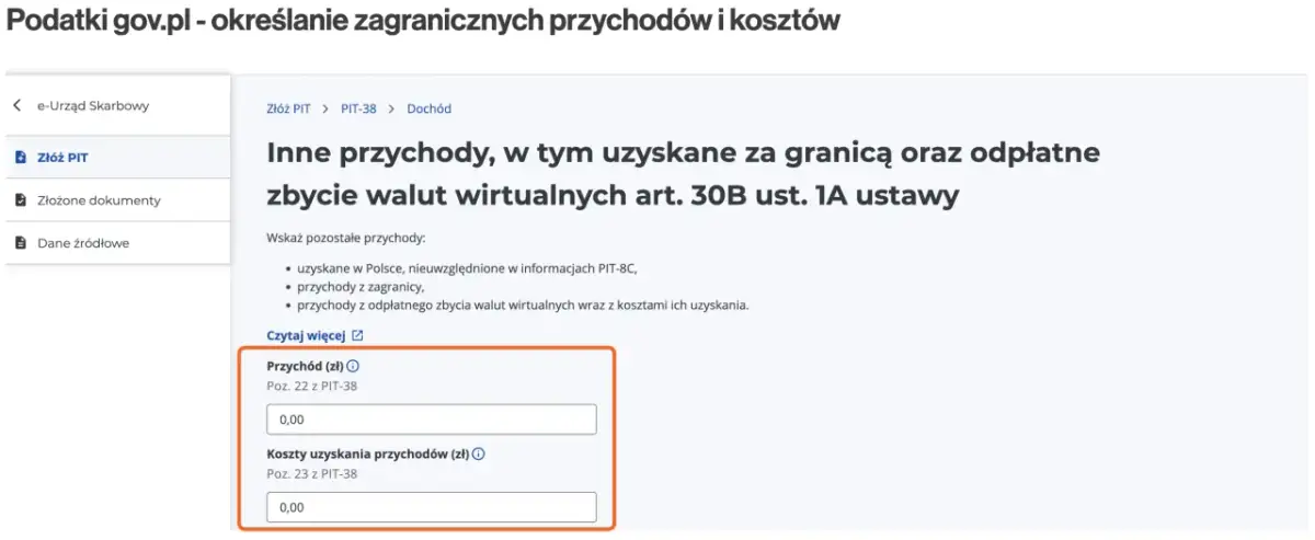 Formularz PIT-38, sekcja "Inne przychody", z polami na przychód i koszty uzyskania przychodów (zł).