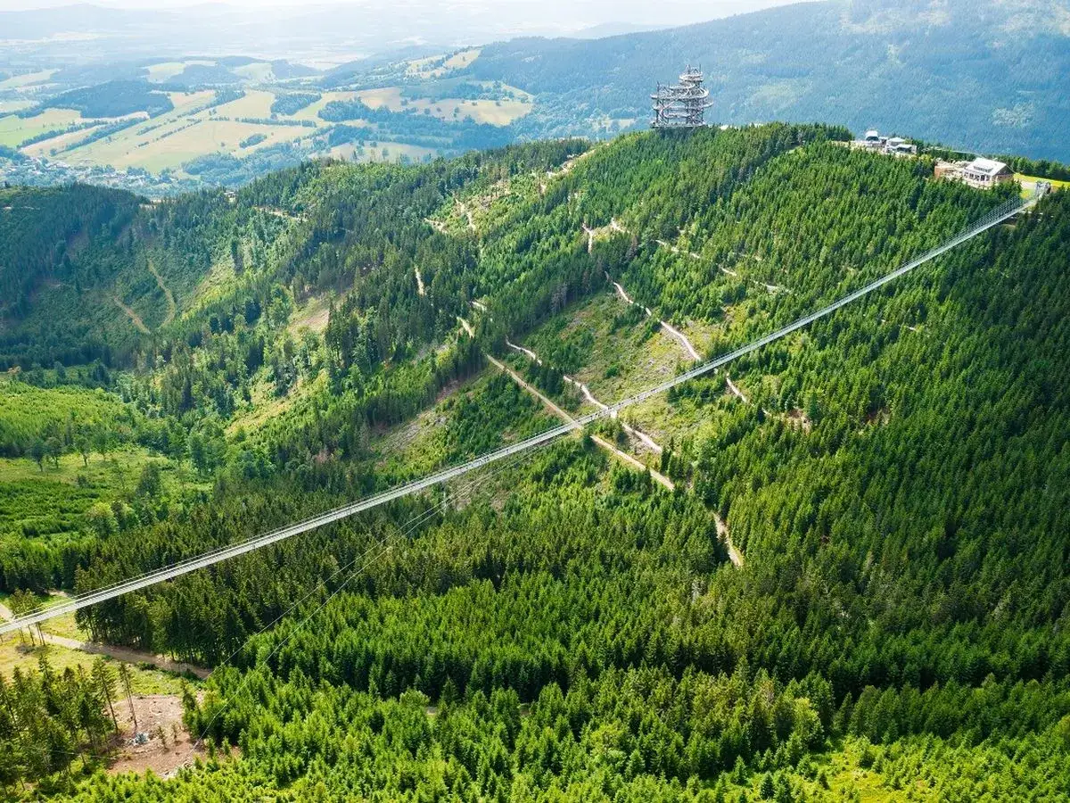 Najdłuższy most w Czechach, Sky Bridge 721, przecina zieloną dolinę pełną drzew. Na szczycie góry widać wieżę widokową.