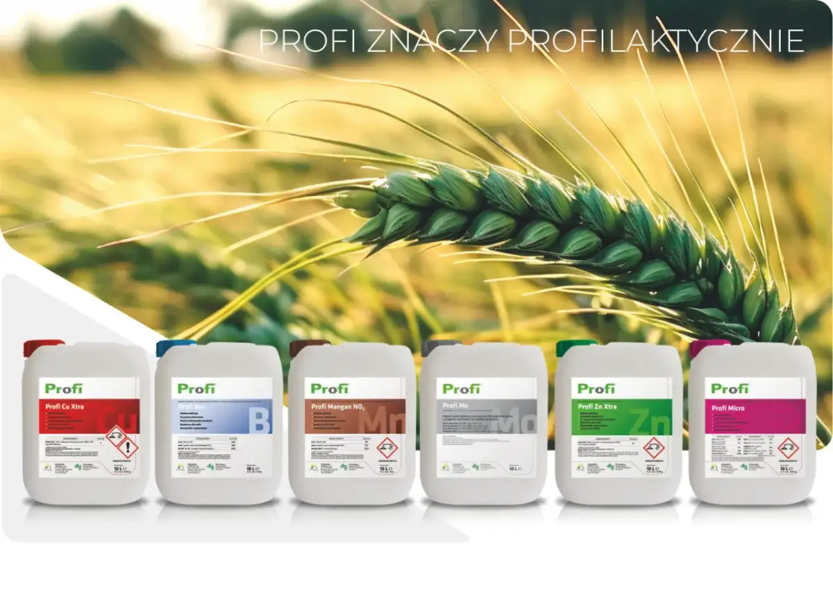 Płynne nawozy dolistne Profi: Cu Xtra, Bor, Mangan, Mo, Zn Xtra, Micro. Wspierają profilaktyczne nawożenie roślin.