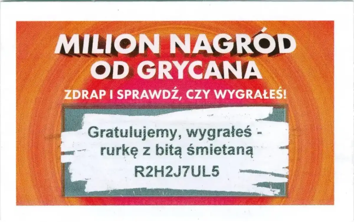 Zdrapka z napisem "Milion nagród od Grycana", gratulacją i kodem.