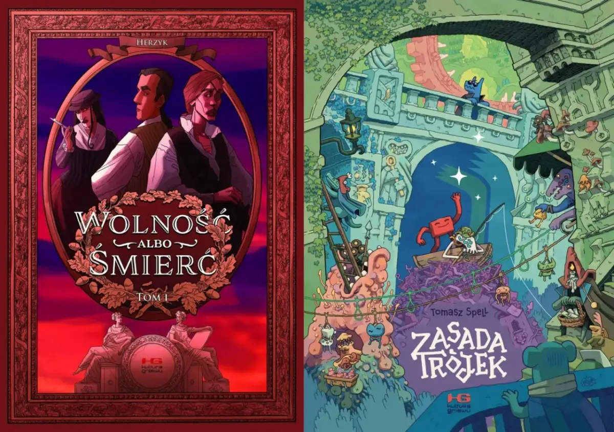 Dwa okładki komiksów: "Wolność albo śmierć" z postaciami historycznymi i "Zasada trójek" z fantastycznymi stworzeniami. Czy komiks to książka? Tak!