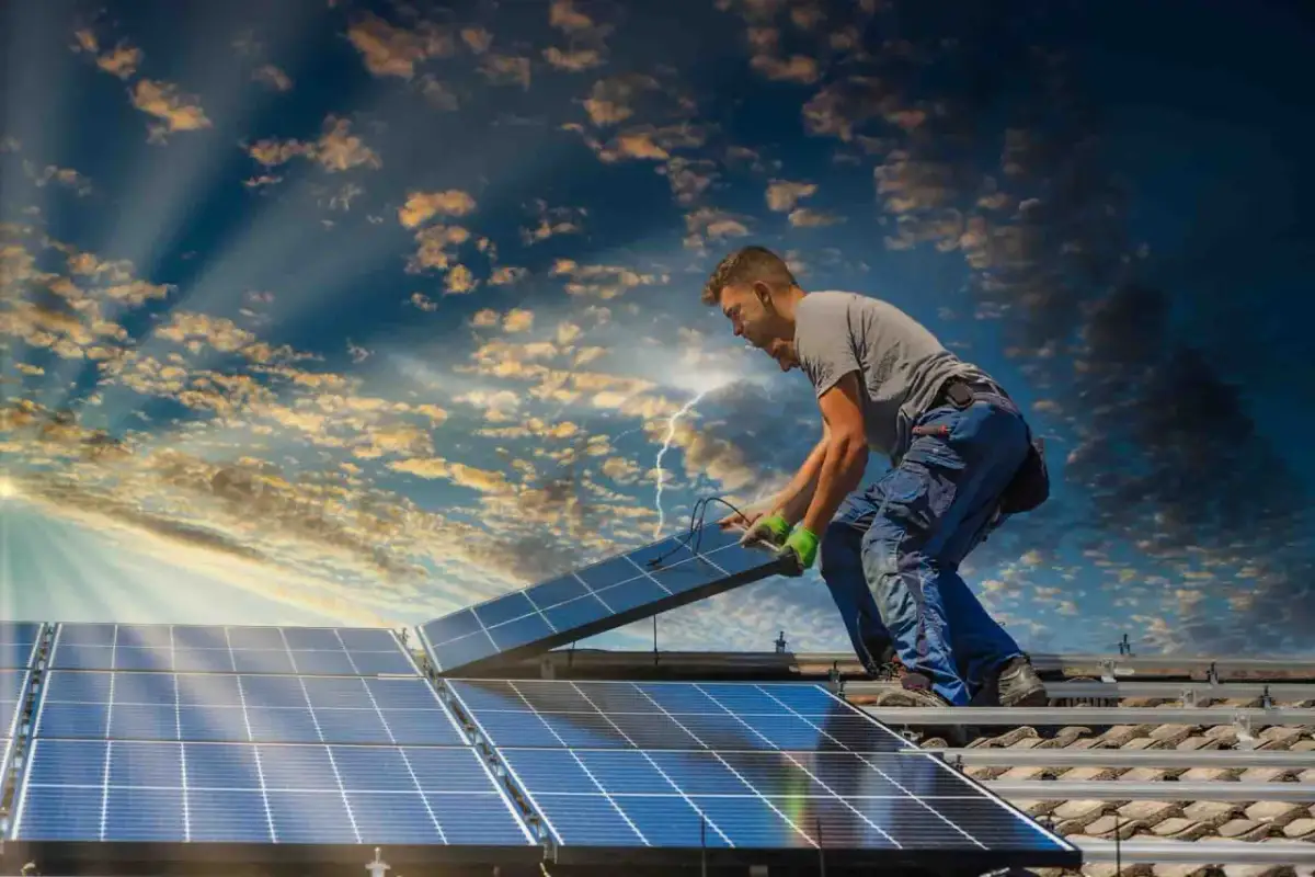 Instalator montuje panele słoneczne na dachu, przygotowując dom do systemu net metering. Słońce przebija się przez chmury.