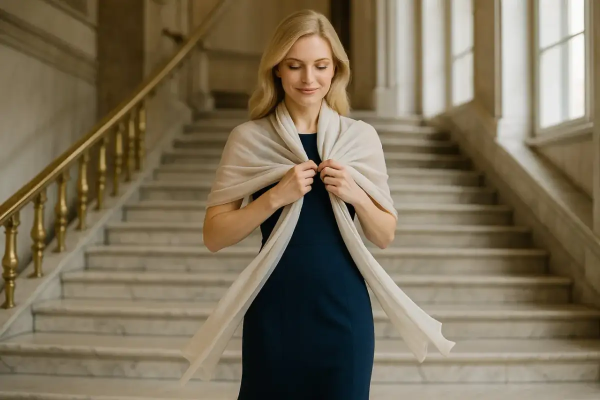 Elegancka kobieta w granatowej sukience i beżowym szalu, pokazująca, jak nosić szal do sukienki.
