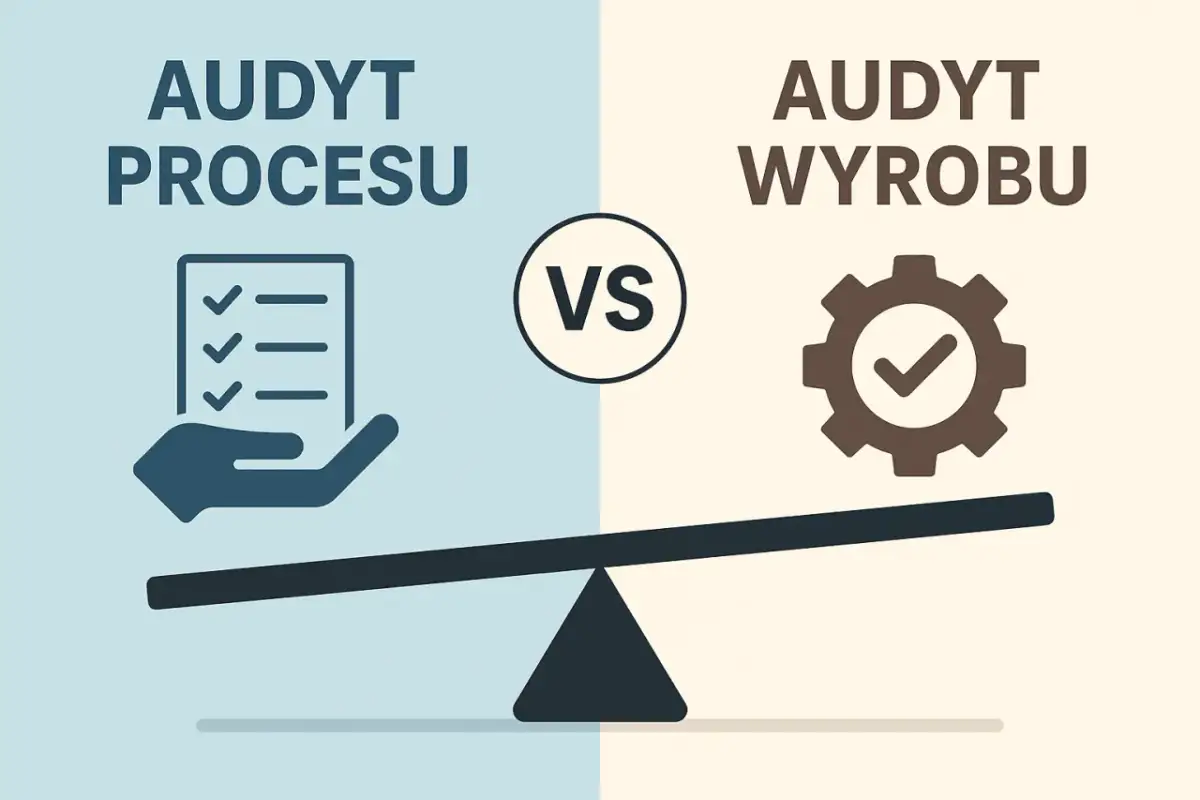 Porównanie: audyt procesu (lista kontrolna na dłoni) vs. audyt wyrobu (koło zębate z zaznaczeniem).