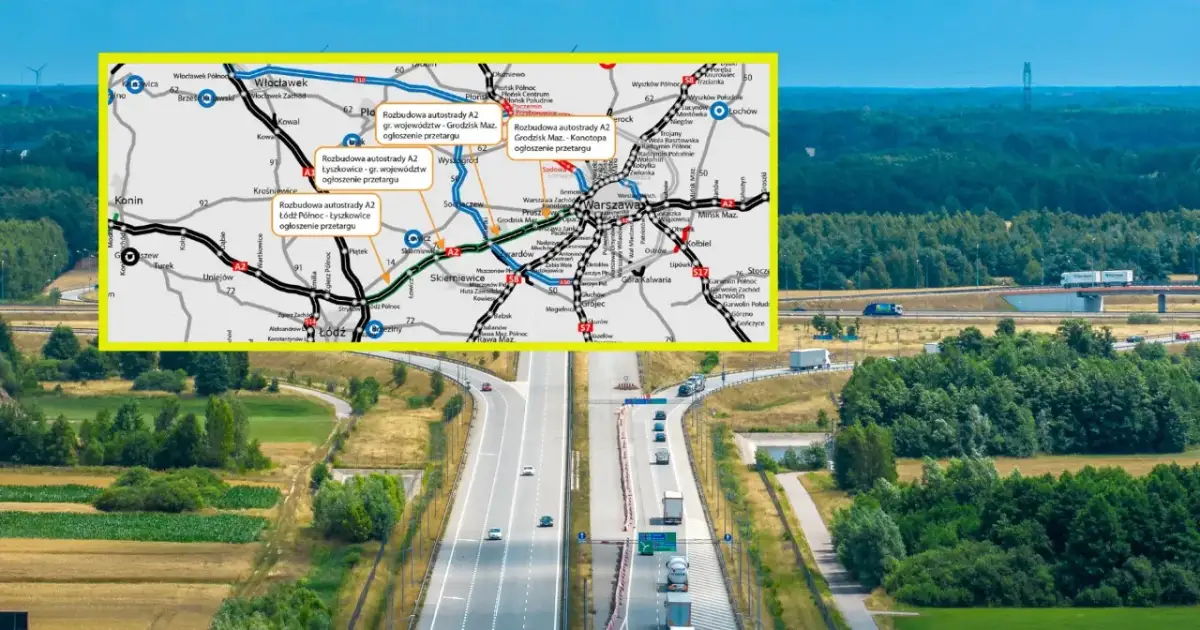 Mapa autostrady A2 z zaznaczonymi odcinkami i miastami, na tle widoku drogi z ruchem samochodowym.
