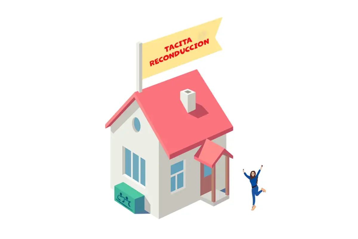 Casa con cartel "Tacita Reconducción". Una persona salta de alegría al lado.