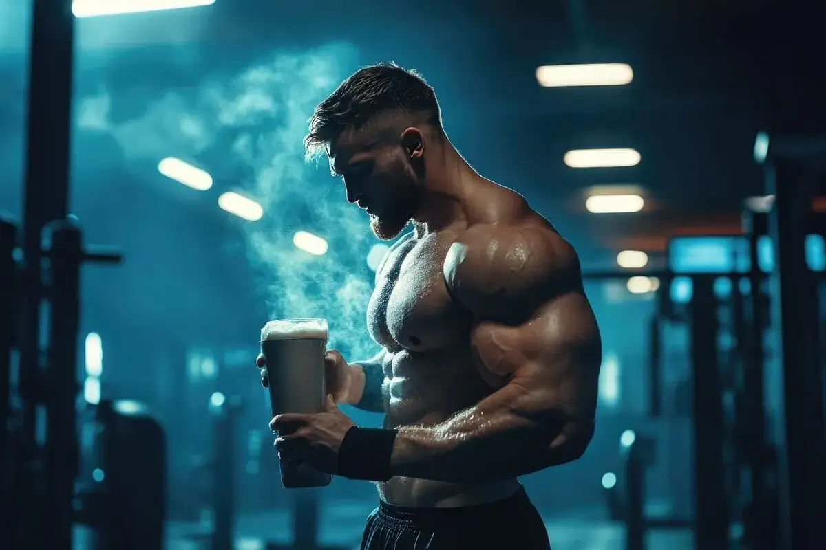 Mężczyzna o atletycznej sylwetce w siłowni, trzymający shaker z odżywką.