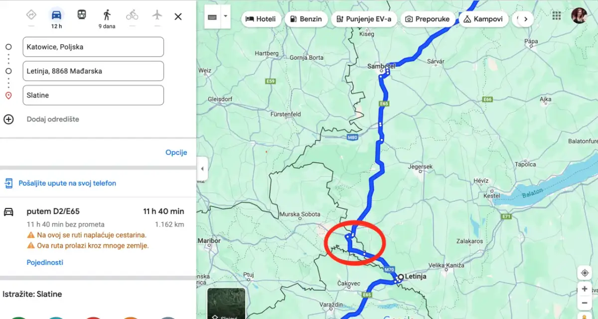 Mapa drogowa z zaznaczoną trasą z Polski przez Węgry do Chorwacji.