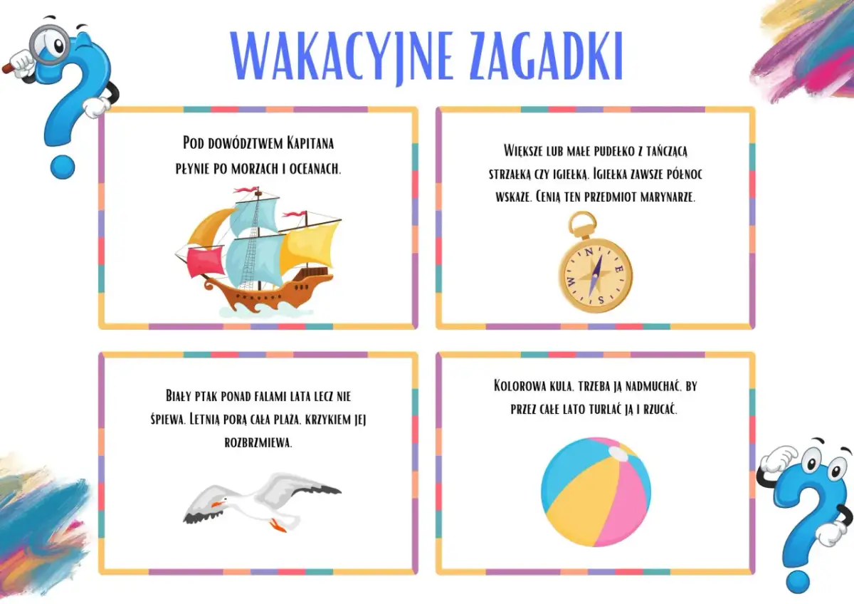 Wakacyjne zagadki: statek, kompas, mewa i piłka plażowa. Rozwiąż zagadkę o wodzie!