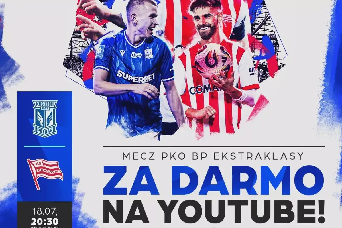 Dwóch piłkarzy w strojach klubowych, logo KKS Lech Poznań i Cracovii, tekst "Mecz PKO BP Ekstraklasy za darmo na YouTube!".