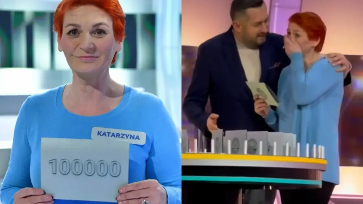 Kobieta z imieniem Katarzyna trzyma kartkę z napisem 100000, obok mężczyzna ją obejmuje.
