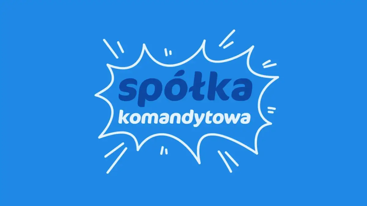 Biały dymek z napisem "spółka komandytowa skrót" na niebieskim tle.