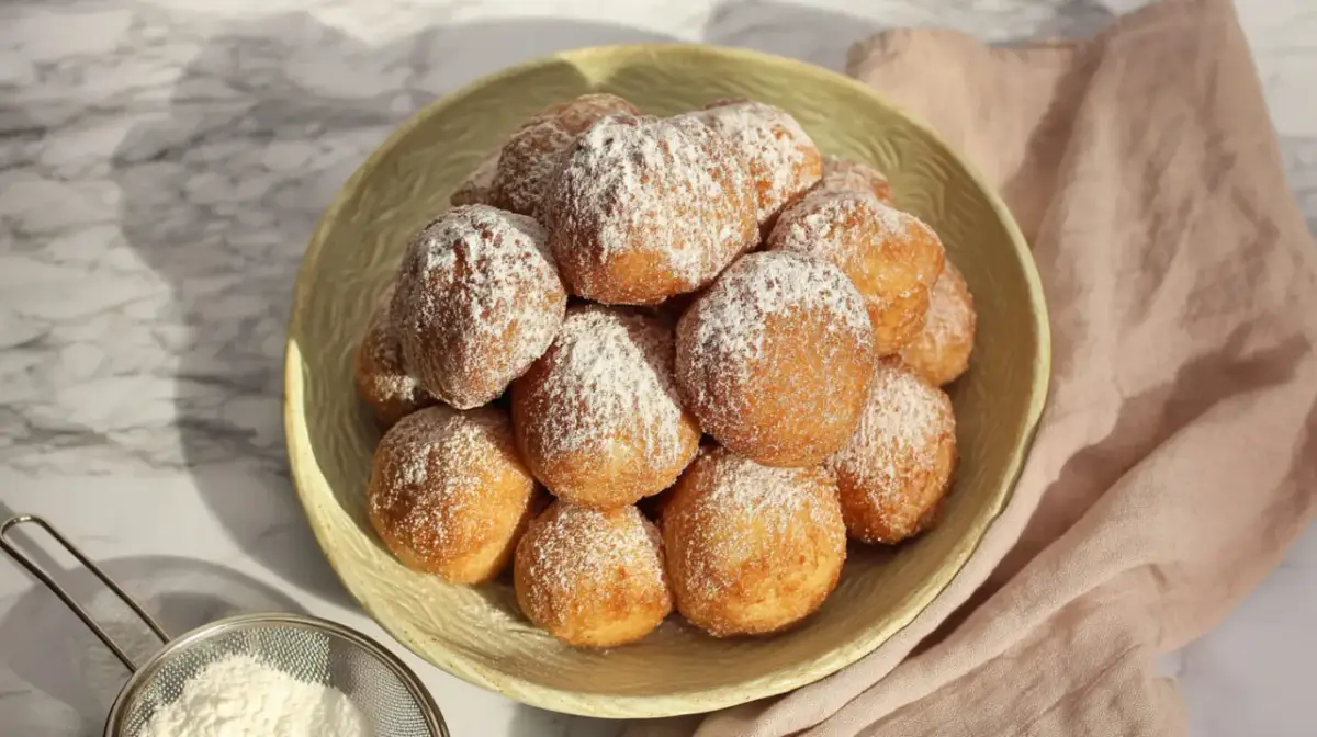 Stosik pysznych, puszystych pączków posypanych cukrem pudrem. Idealne na tłusty czwartek, te fit pączki wyglądają apetycznie.