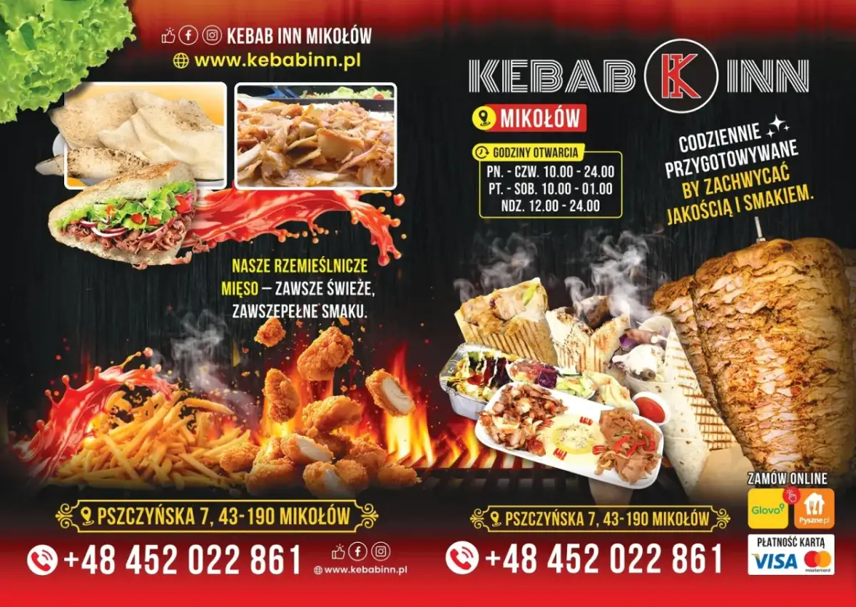 Plakat reklamowy z kebabem, frytkami, kurczakiem i napisem "Kebab Inn Mikołów".