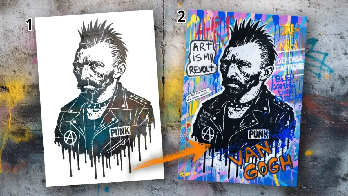 Zwei Bilder von Van Gogh im Punk-Stil, eines schwarz-weiß, das andere bunt und mit Graffiti.