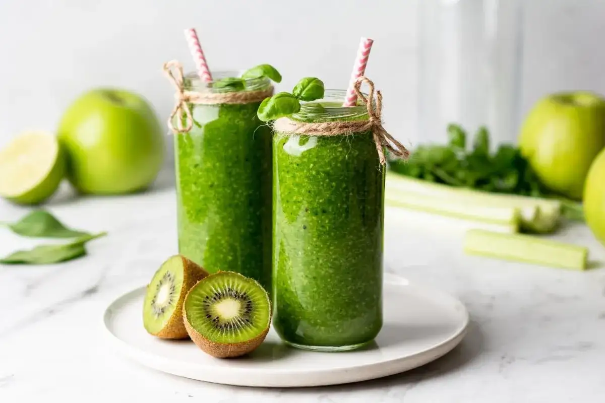 Dwa zielone koktajle w słoikach z kiwi, jabłkami i słomkami.