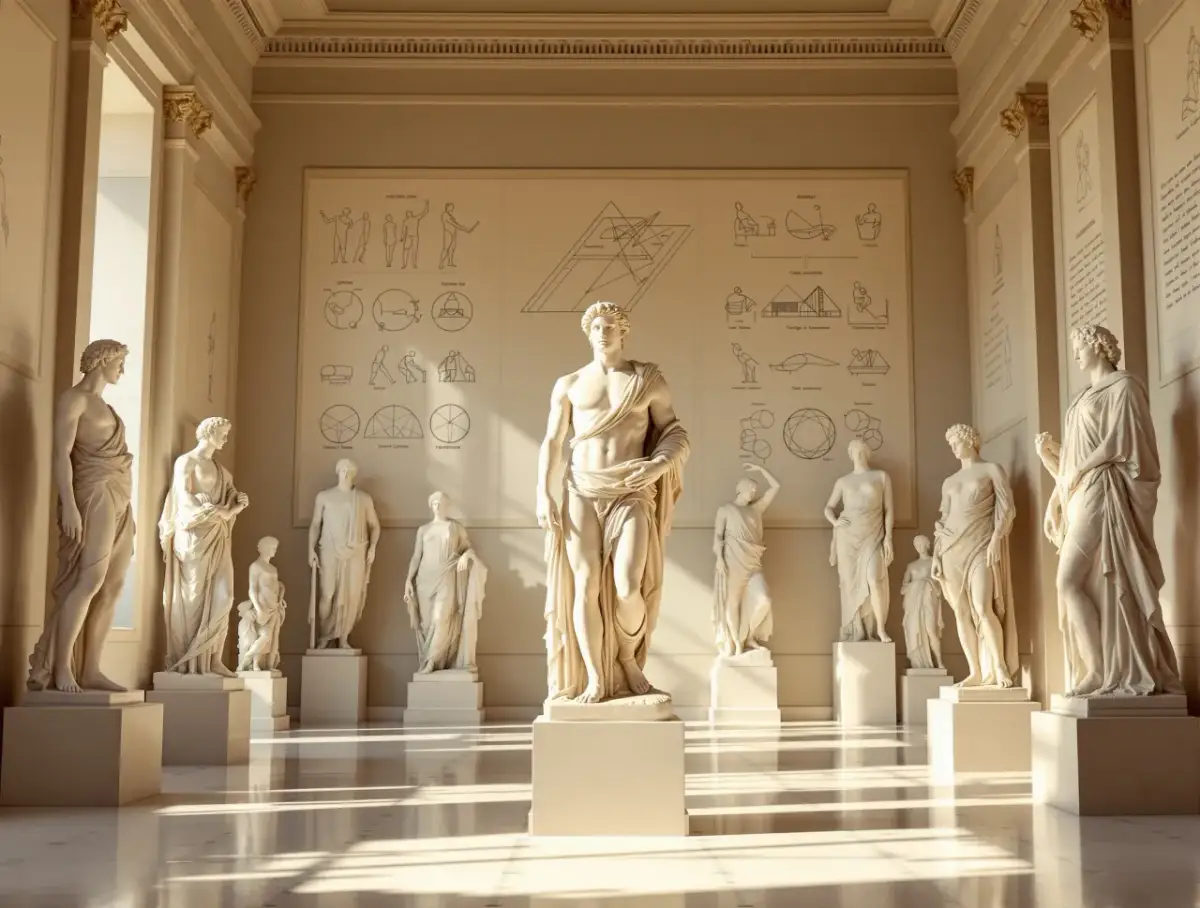 Wnętrze muzeum z klasycznymi rzeźbami greckimi, w tym męskimi postaciami w togach i schematycznymi rysunkami na ścianie.