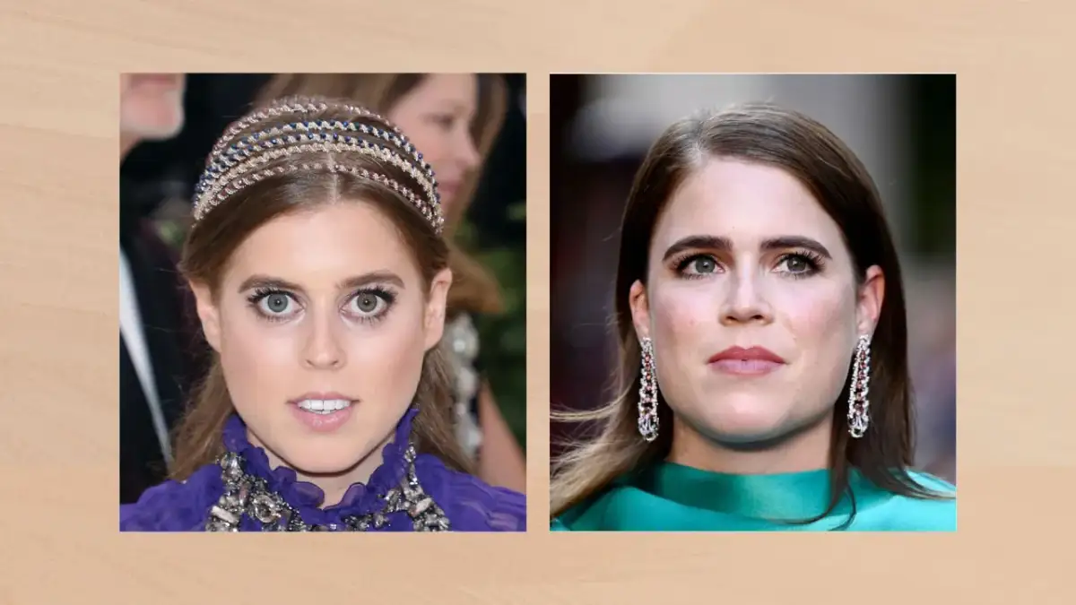 Dwie księżniczki angielskie, Beatrice i Eugenie, prezentują swoje spojrzenia. Beatrice w tiarze i fioletowej sukni, Eugenia w eleganckich kolczykach i zielonej kreacji.
