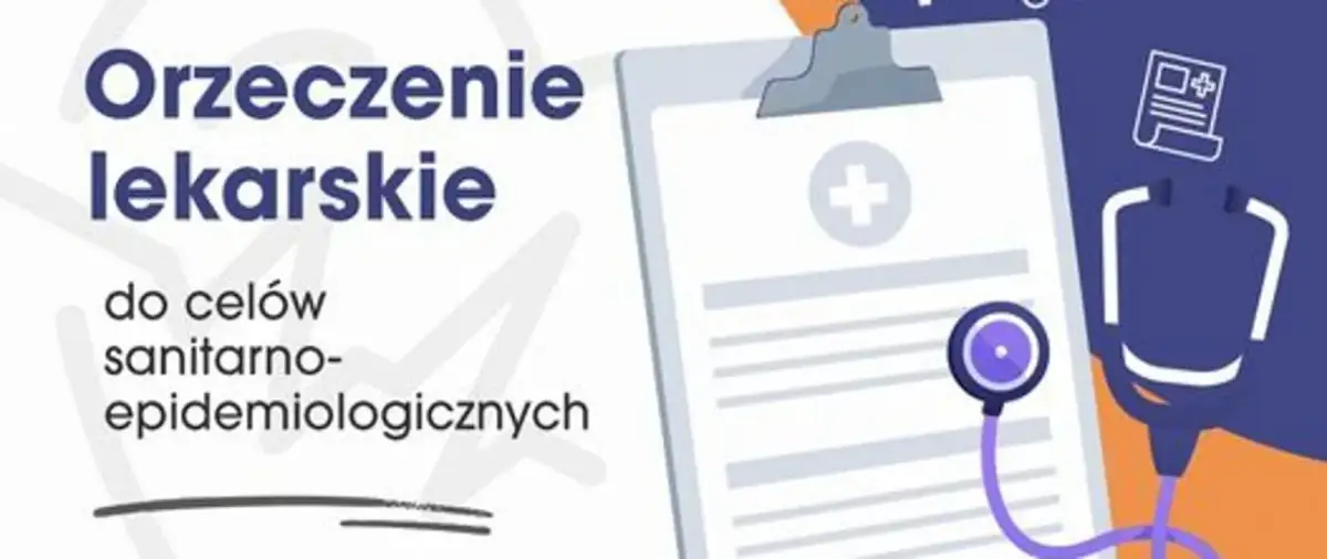 Orzeczenie lekarskie do celów sanitarno-epidemiologicznych. Dokument medyczny z symbolem krzyża i stetoskopem.