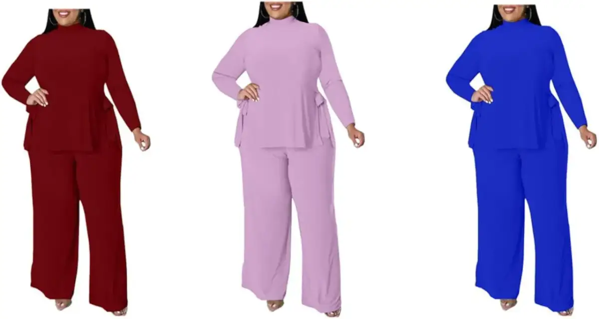 Trzy kobiety w dresach plus size w kolorach bordowym, liliowym i niebieskim.
