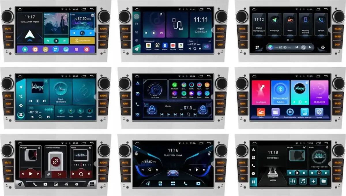 Ekran multimedialny do Opla Astry H z funkcją Bluetooth, pokazujący różne interfejsy: nawigację, muzykę, radio i aplikacje.