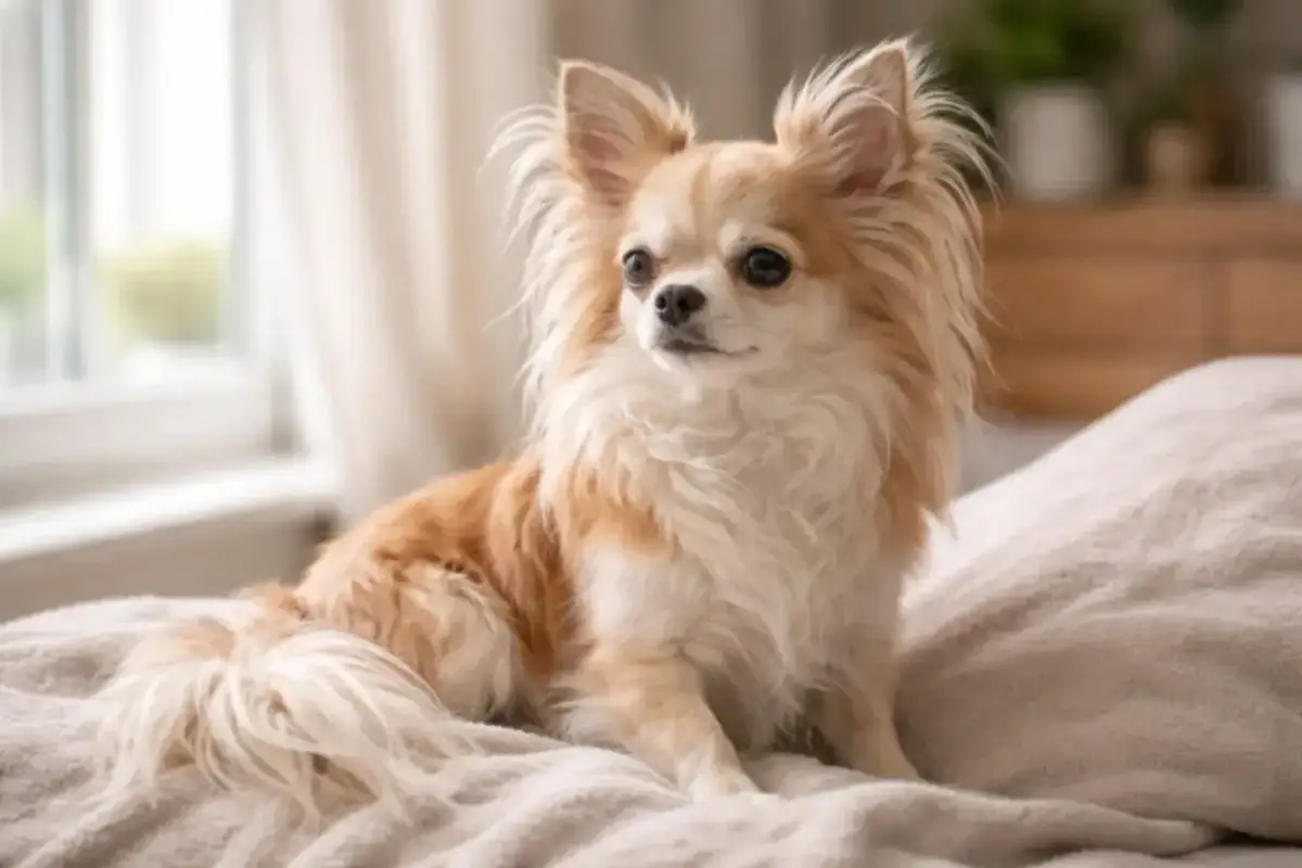 Długowłosy chihuahua siedzi na łóżku, z puszystym ogonem i uszami.
