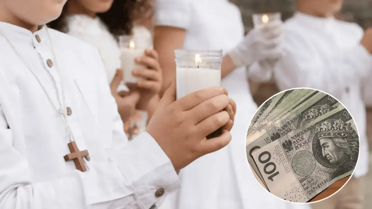 Dzieci w białych strojach z komunii trzymają świece, obok w kółku polskie banknoty 100 zł.
