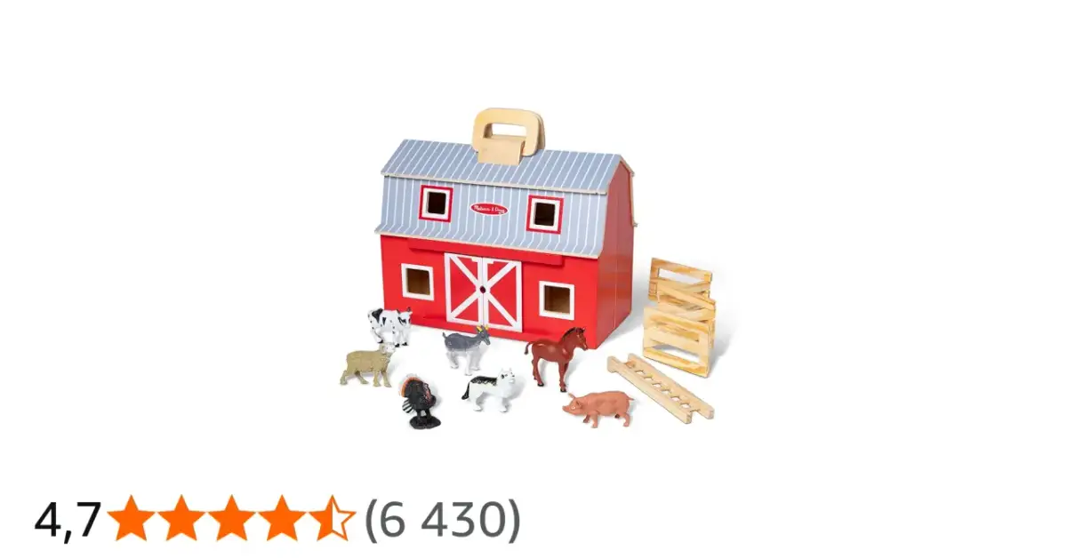 Drewniana stodola Melissa & Doug z figurkami zwierząt: krowa, koza, koń, owca, pies, indyk i świnka.