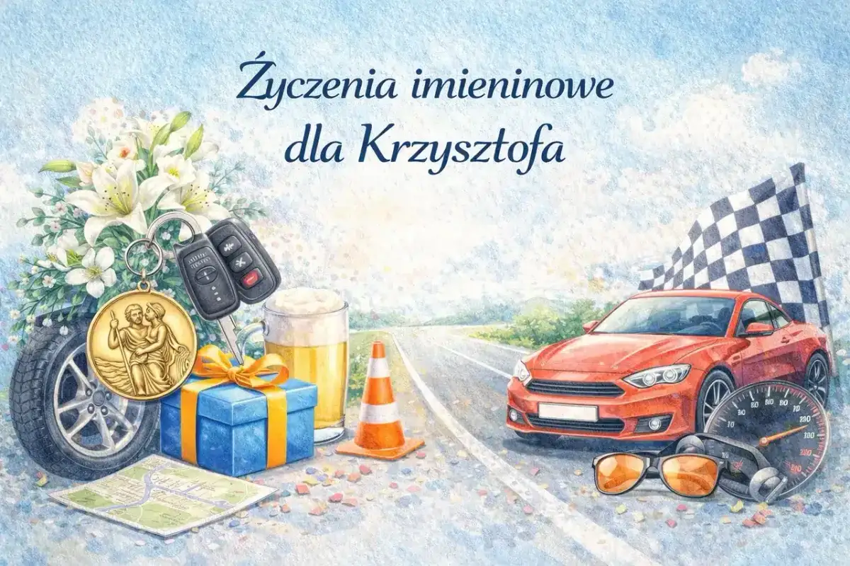 Życzenia imieninowe dla Krzysztofa: sportowy samochód, kluczyki, kufel piwa i prezent.